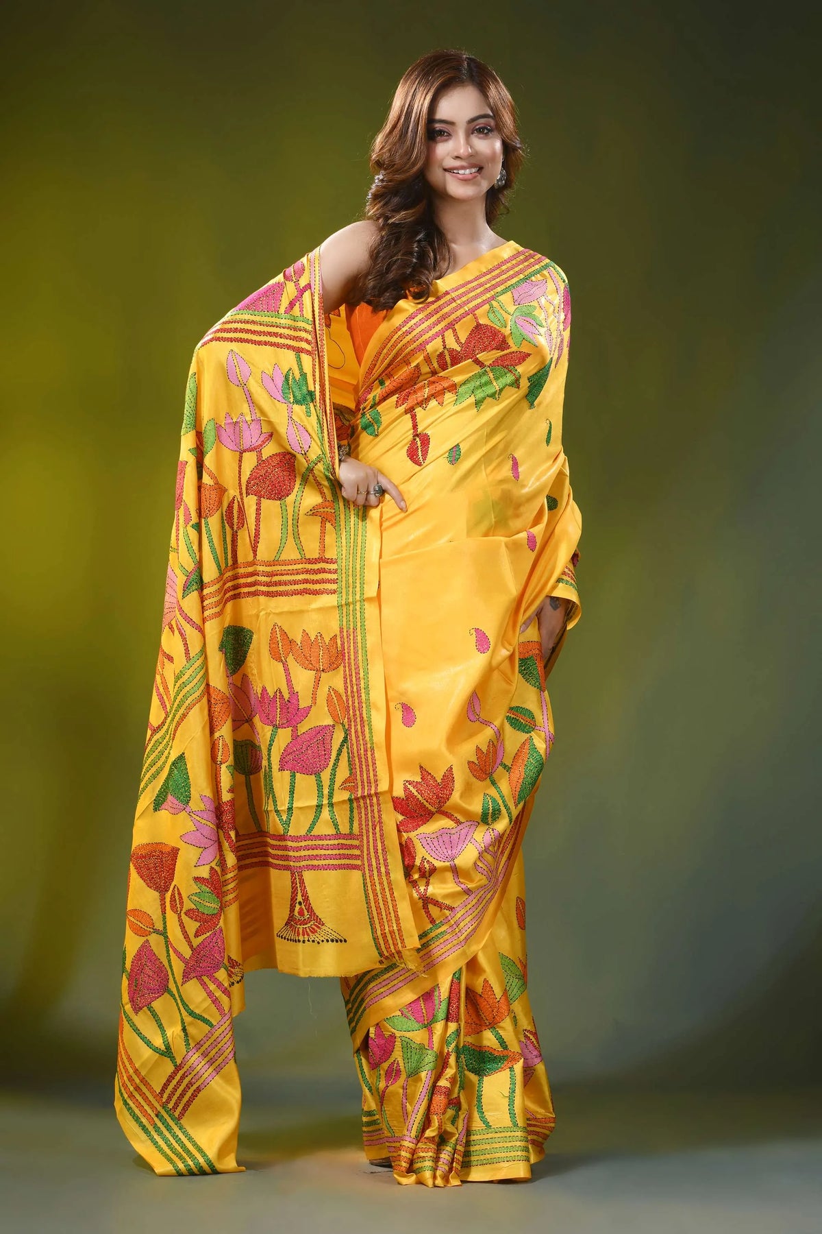 Hand embroidered lotus motif golden yellow silk kantha saree 4