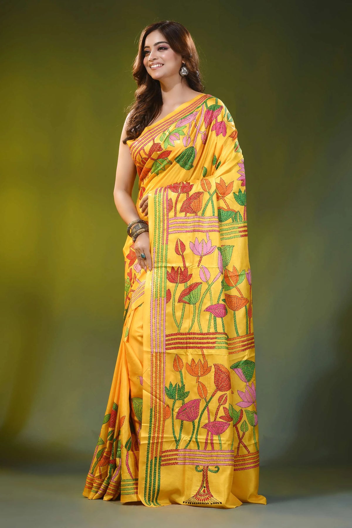Hand embroidered lotus motif golden yellow silk kantha saree 3