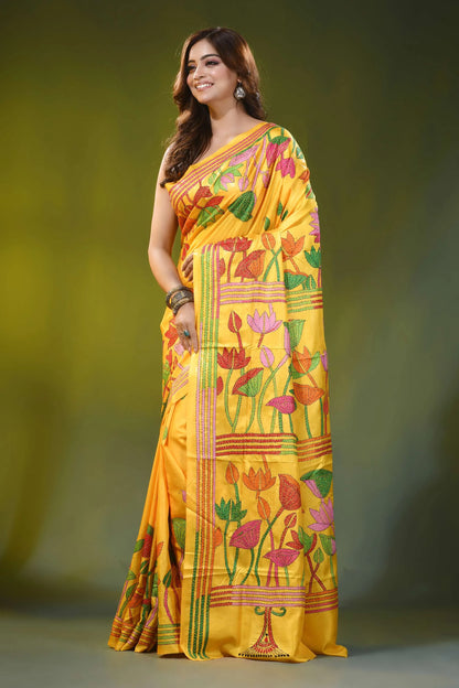 Hand embroidered lotus motif golden yellow silk kantha saree 3
