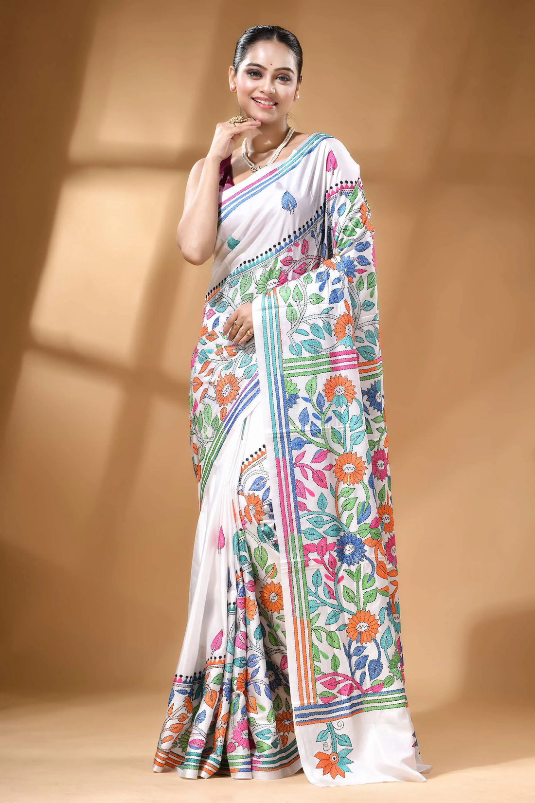 Hand embroidered multicolor floral kantha silk saree in white vibrant white silk saree adorned 1