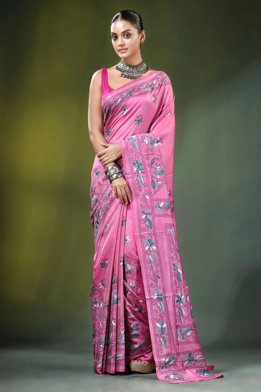 Hand embroidered nature motif silk kantha saree in pink vibrant adorned 1