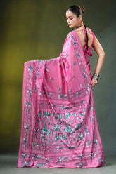 Hand embroidered nature motif silk kantha saree in pink vibrant adorned 5