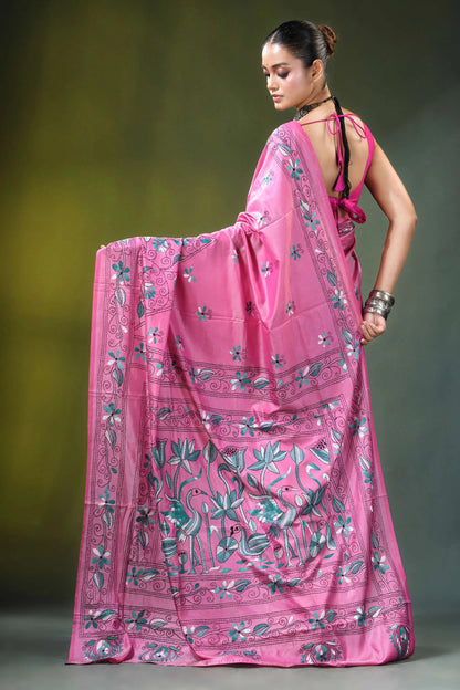 Hand embroidered nature motif silk kantha saree in pink vibrant adorned 5