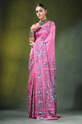 Hand embroidered nature motif silk kantha saree in pink vibrant adorned intricate 7