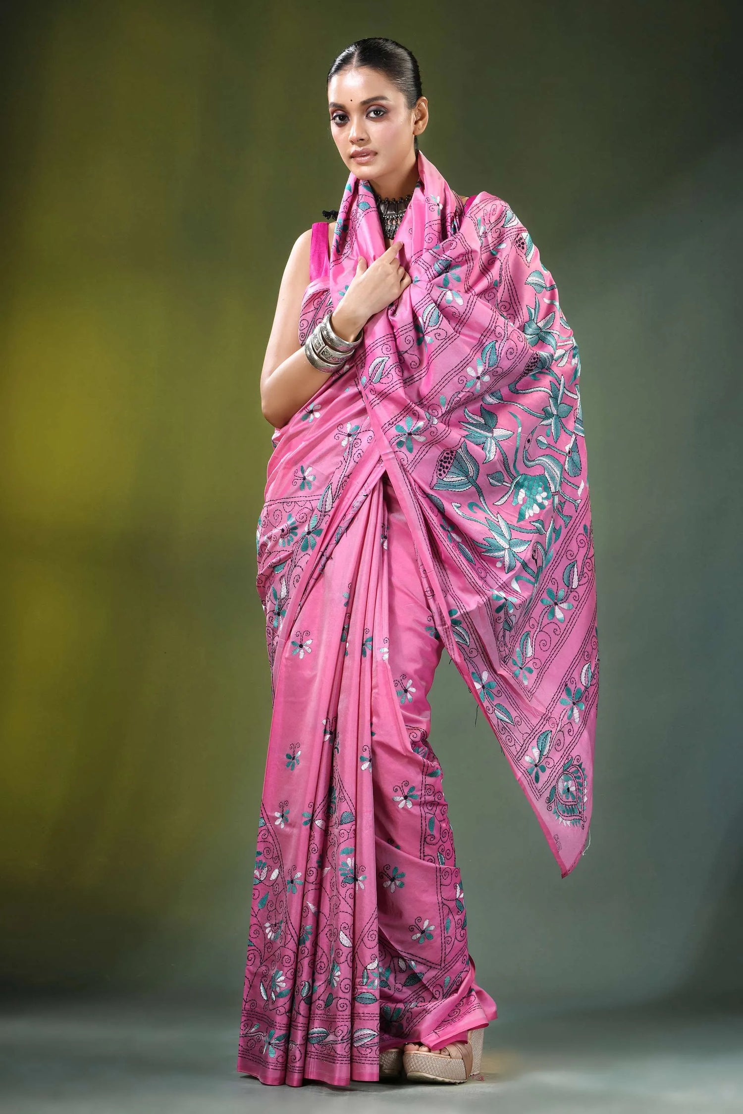 Hand embroidered nature motif silk kantha saree in pink vibrant intricate floral 4