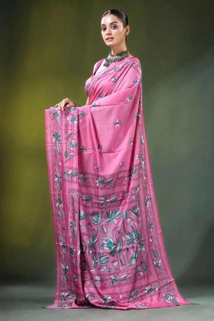 Hand embroidered nature motif silk kantha saree in pink vibrant adorned intricate 3