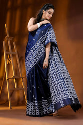 Hand embroidered navy blue silk kutch work saree - geometric design 4