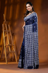 Hand embroidered navy blue silk kutch work saree - geometric design 3