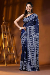 Hand embroidered navy blue silk kutch work saree - geometric design 6