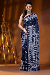 Hand embroidered navy blue silk kutch work saree - geometric design 1