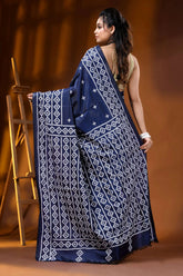 Hand embroidered navy blue silk kutch work saree - geometric design 5