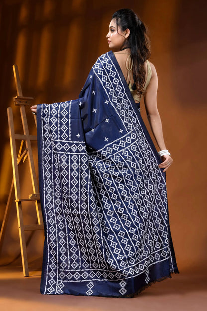 Hand embroidered navy blue silk kutch work saree - geometric design 5