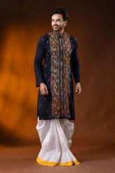 Hand embroidered navy cotton kantha panjabi with brown floral work 6
