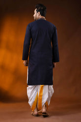 Hand embroidered navy cotton kantha panjabi with brown floral work 5