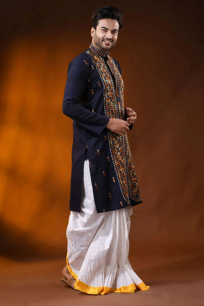 Hand embroidered navy cotton kantha panjabi with brown floral work 3