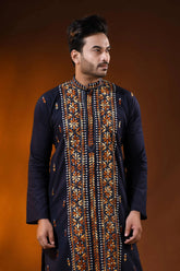 Hand embroidered navy cotton kantha panjabi with brown floral work 2