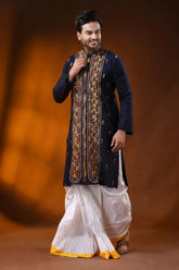 Hand embroidered navy cotton kantha panjabi with brown floral work 4