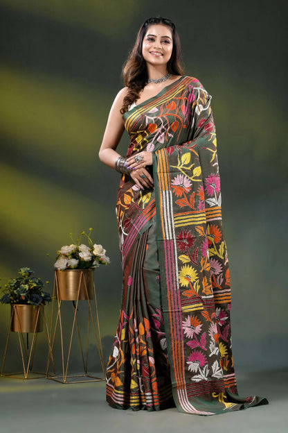 Hand embroidered olive green multi-thead floral silk kantha saree 6