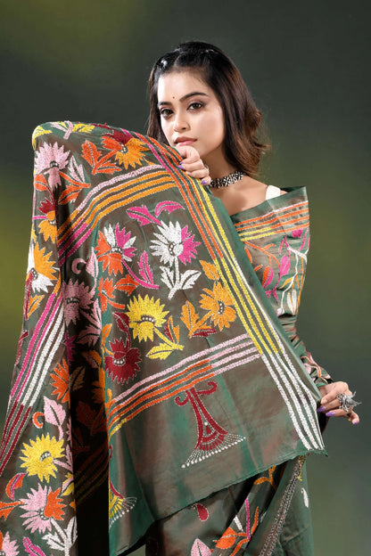 Hand embroidered olive green multi-thead floral silk kantha saree 2