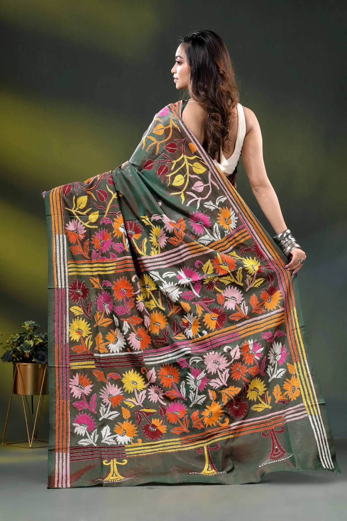 Hand embroidered olive green multi-thead floral silk kantha saree 5