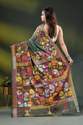 Hand embroidered olive green multi-thead floral silk kantha saree 5