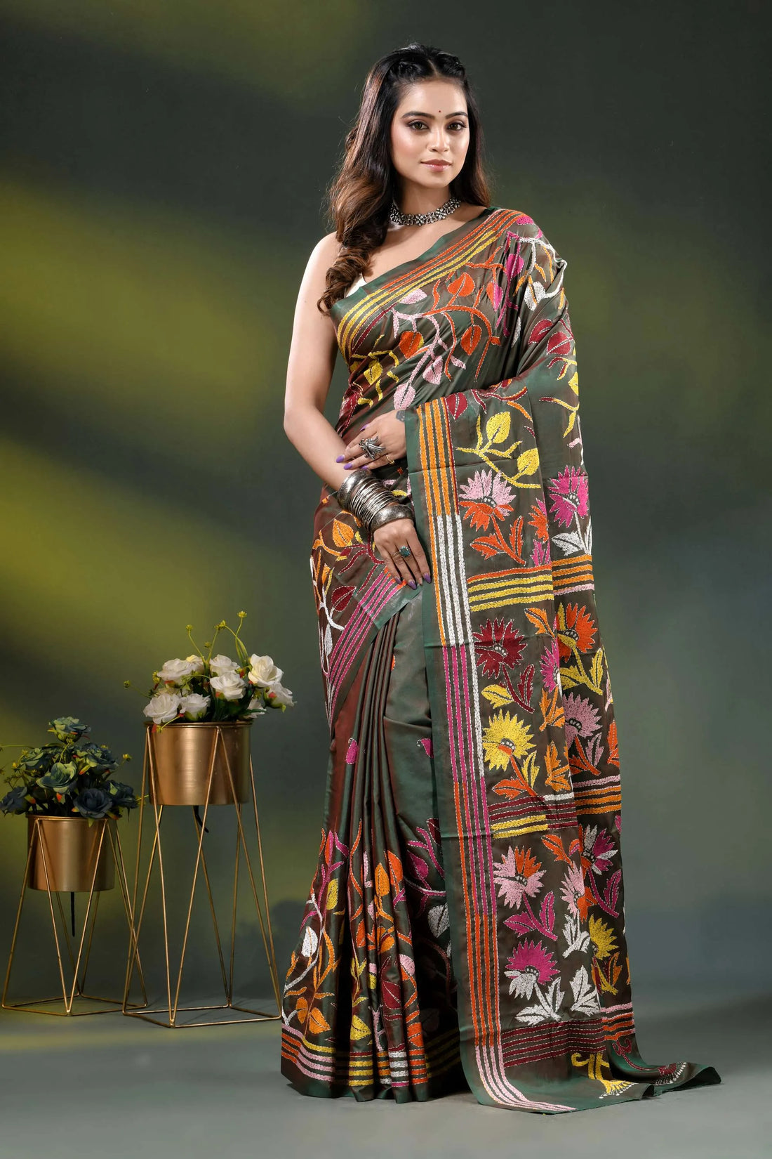 Hand embroidered olive green multi-thead floral silk kantha saree 1