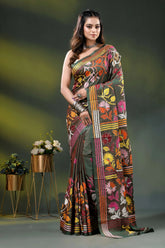 Hand embroidered olive green multi-thead floral silk kantha saree 1
