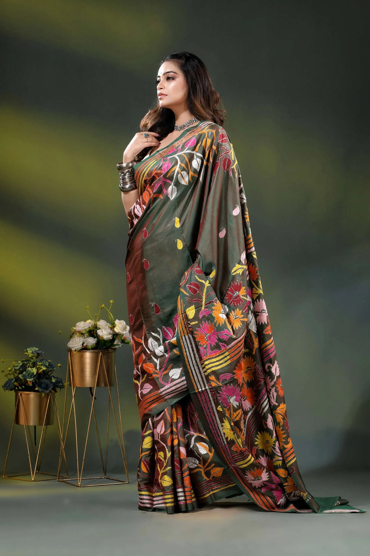 Hand embroidered olive green multi-thead floral silk kantha saree 4