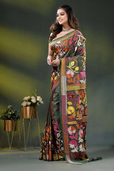 Hand embroidered olive green multi-thead floral silk kantha saree 3