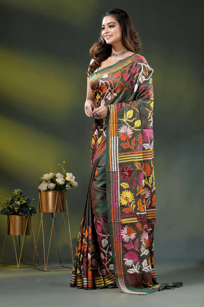 Hand embroidered olive green multi-thead floral silk kantha saree 3