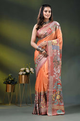 Hand embroidered peach floral motif dyed silk kantha saree design 1