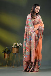 Hand embroidered peach floral motif dyed silk kantha saree design 7