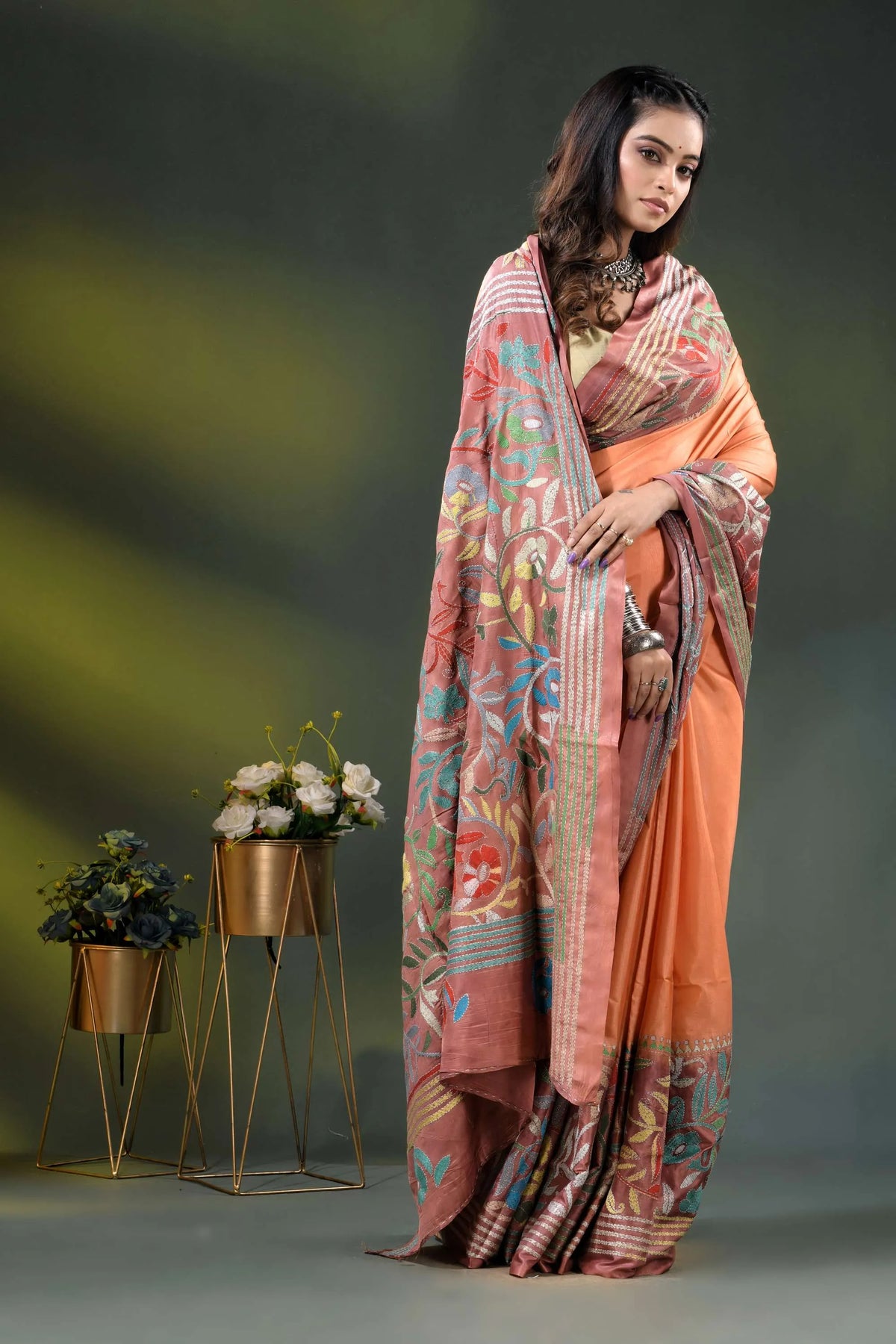 Hand embroidered peach floral motif dyed silk kantha saree design 7