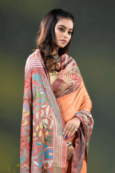 Hand embroidered peach floral motif dyed silk kantha saree design 2