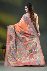Hand embroidered peach floral motif dyed silk kantha saree design 4