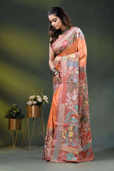 Hand embroidered peach floral motif dyed silk kantha saree design 3