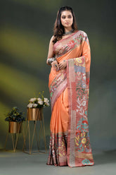 Hand embroidered peach floral motif dyed silk kantha saree design 6