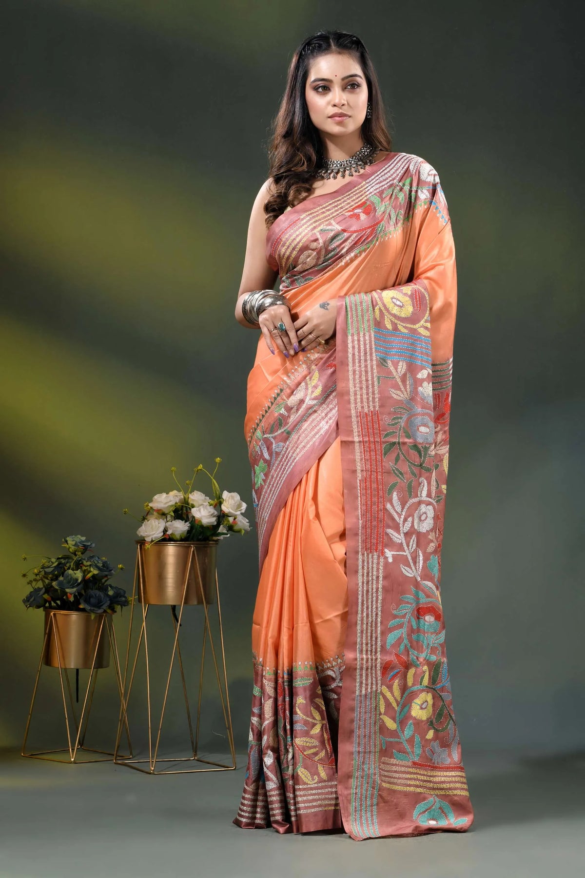 Hand embroidered peach floral motif dyed silk kantha saree design 6