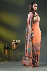 Hand embroidered peach floral motif dyed silk kantha saree design 5