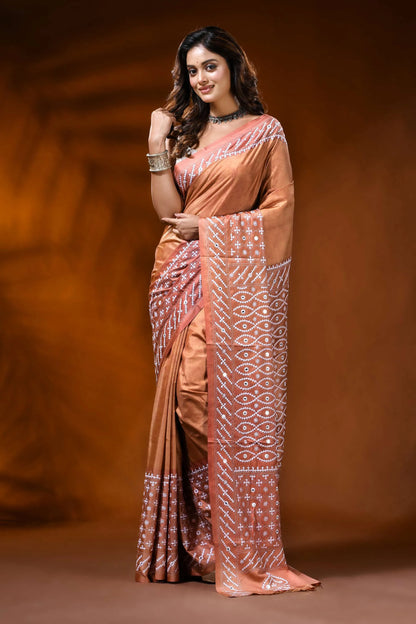 Hand embroidered peach kutch work silk saree with mirror detailing 6