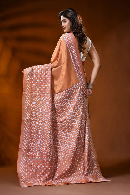 Hand embroidered peach kutch work silk saree with mirror detailing 5