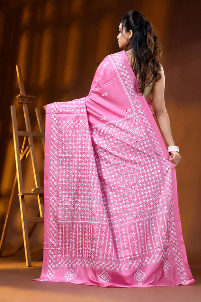 Hand embroidered pink silk gujarati stitch saree with mirror detailing 5