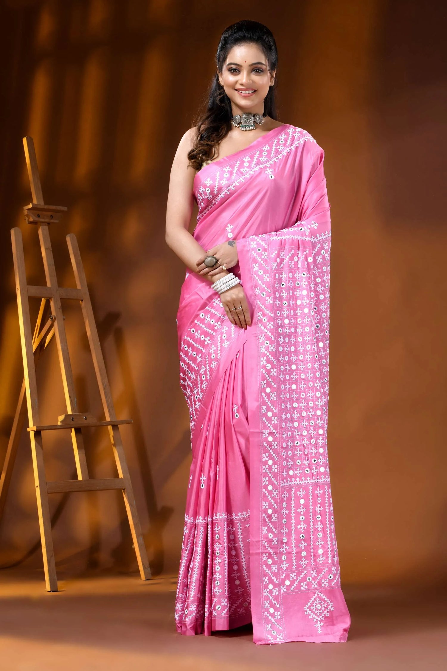 Hand embroidered pink silk gujarati stitch saree with mirror detailing 1