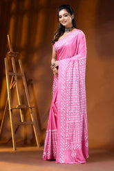 Hand embroidered pink silk gujarati stitch saree with mirror detailing 3