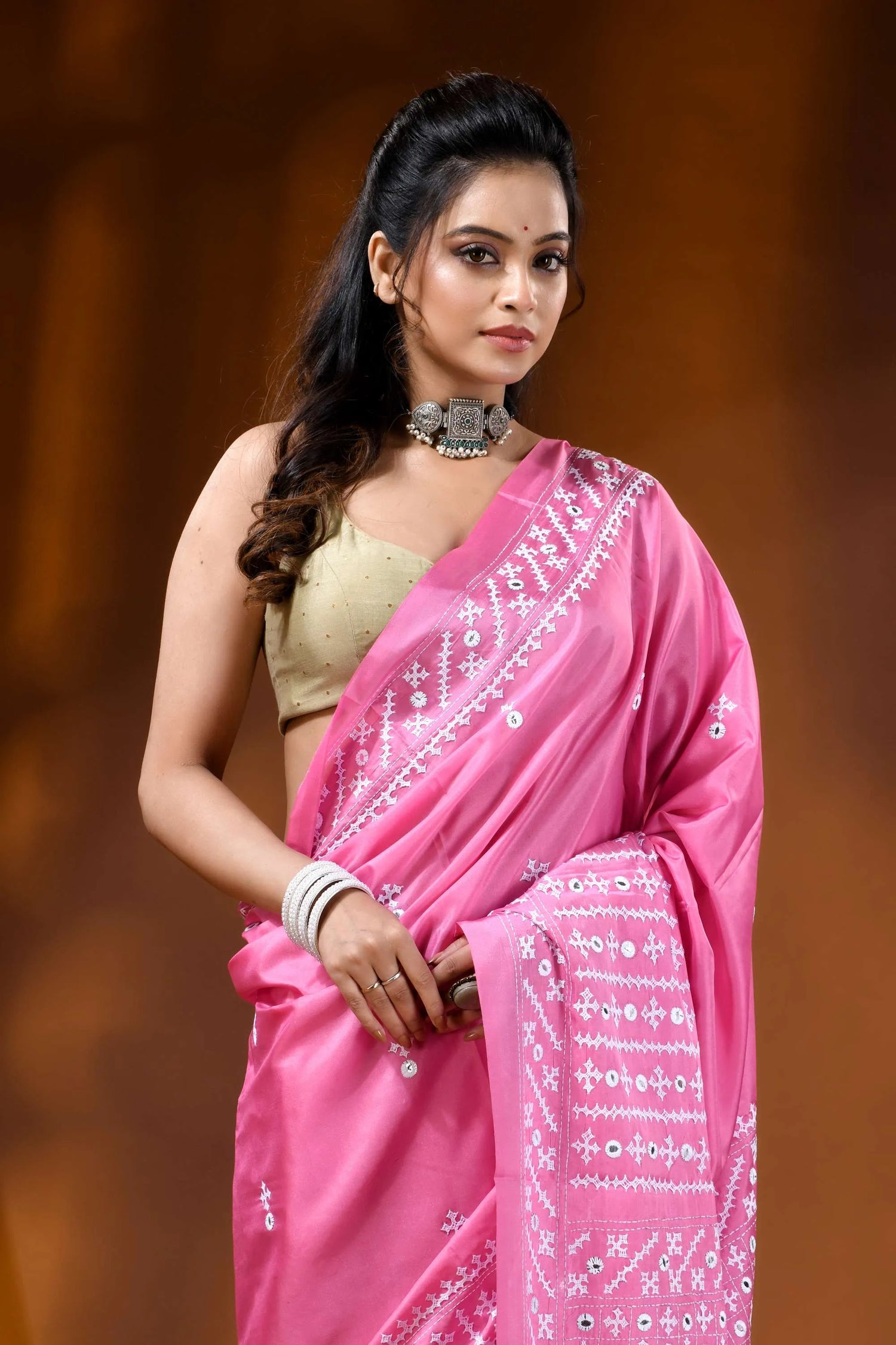Hand embroidered pink silk gujarati stitch saree with mirror detailing 2