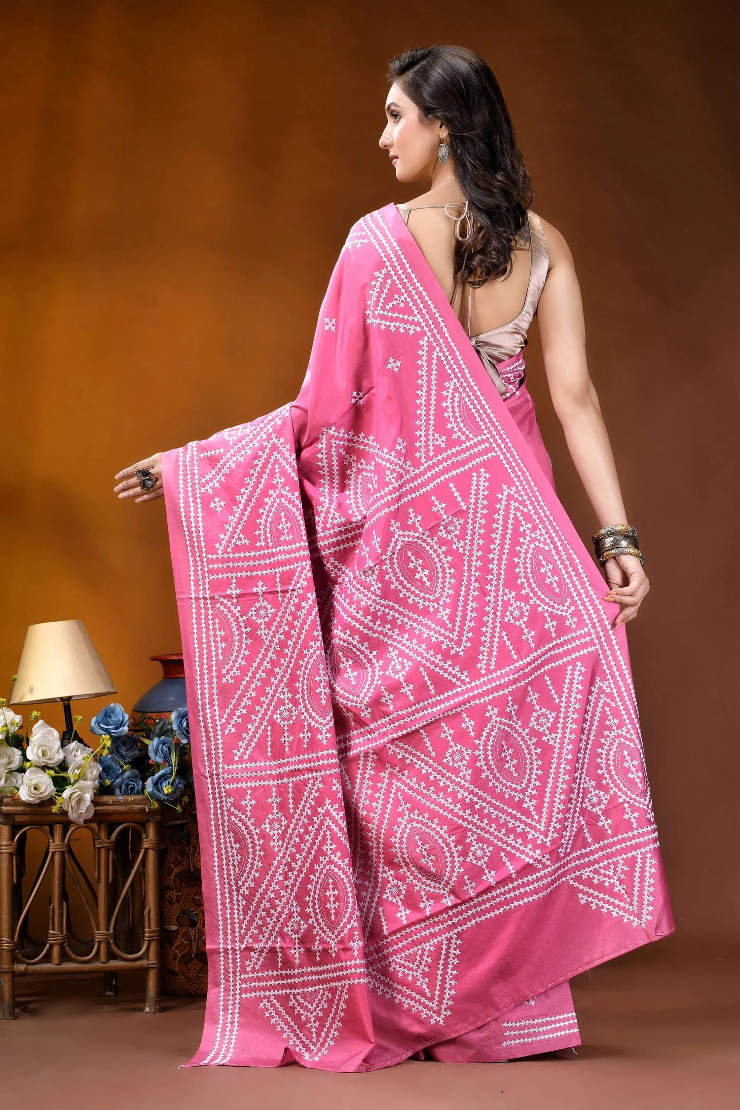 Hand embroidered pink silk kutch work saree - geometric design vibrant pink saree intricate white 5