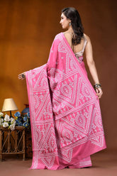 Hand embroidered pink silk kutch work saree - geometric design vibrant pink saree intricate white 5
