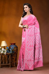 Hand embroidered pink silk kutch work saree - geometric design vibrant pink saree adorned intricate 3