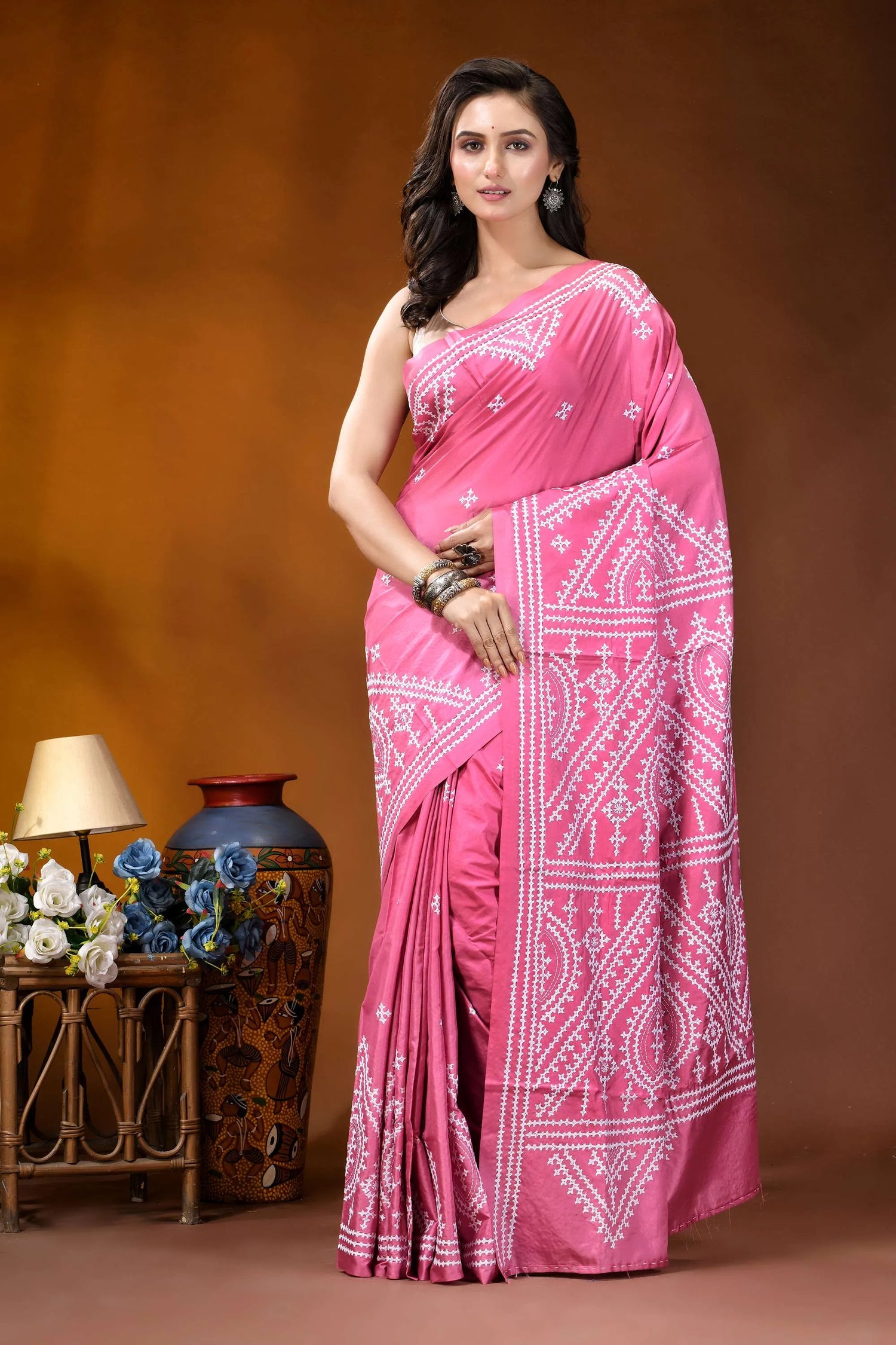 Hand embroidered pink silk kutch work saree - geometric design vibrant pink saree intricate white 6