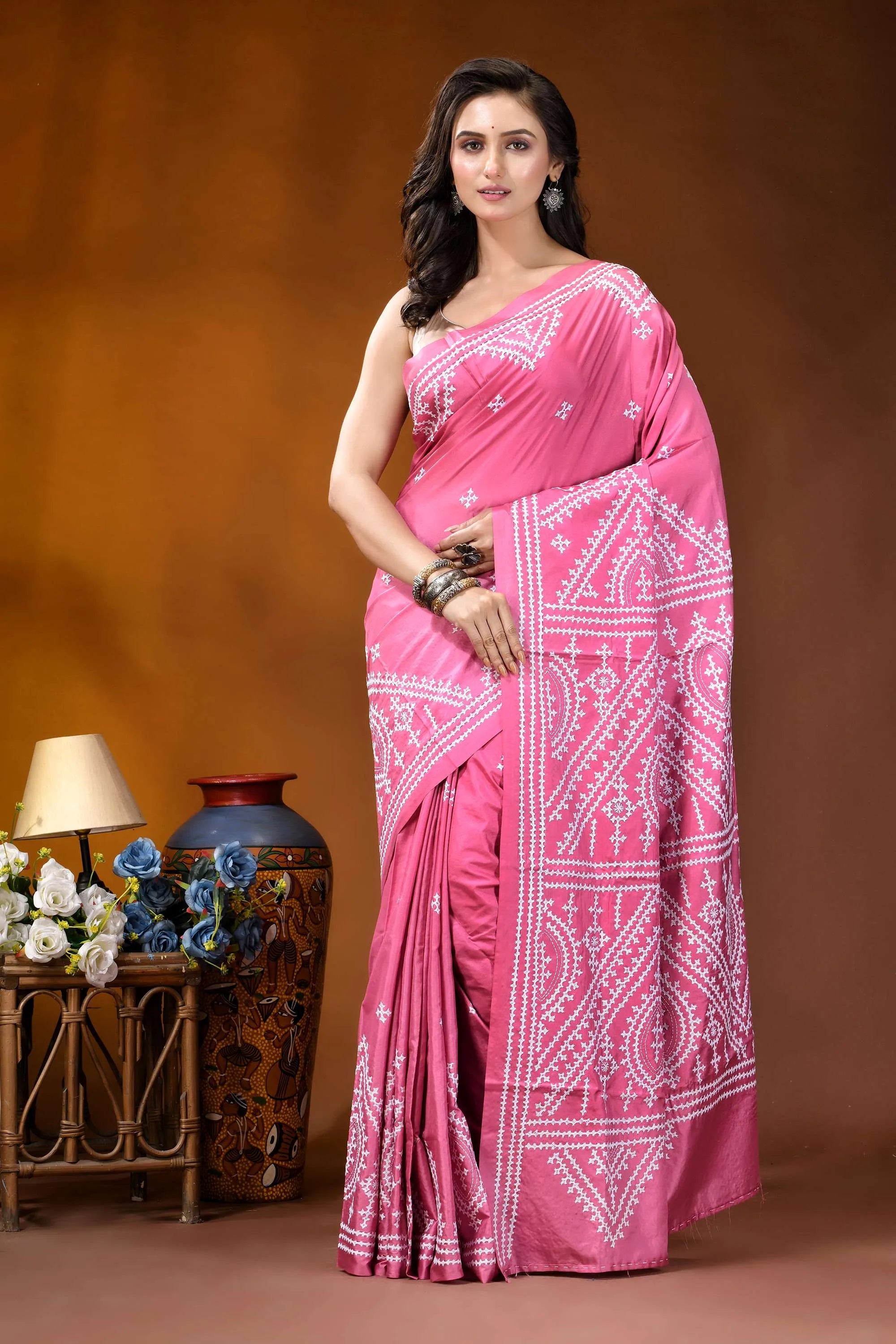 Hand embroidered pink silk kutch work saree - geometric design vibrant pink saree intricate white 6